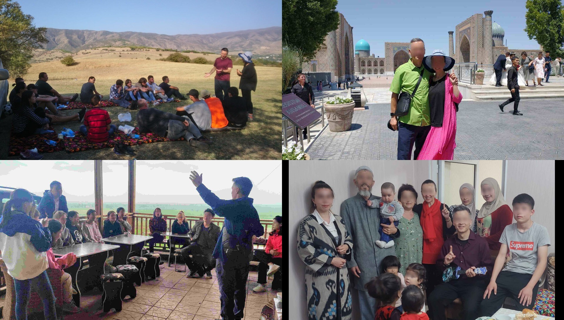 Collage of outreach photos: a couple in Samarkand, a hillside youth gathering, a family visit, and a discipleship meeting